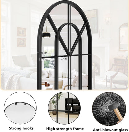 Dewfig 65"x 22" Arched Window pane Full Length Mirror, Wall Mirror, Floor Standing Mirrors, Farmhouse Long Full Body Mirrors Wall Mounted for Living Room, Bedroom, Entryway, Fireplace, Black