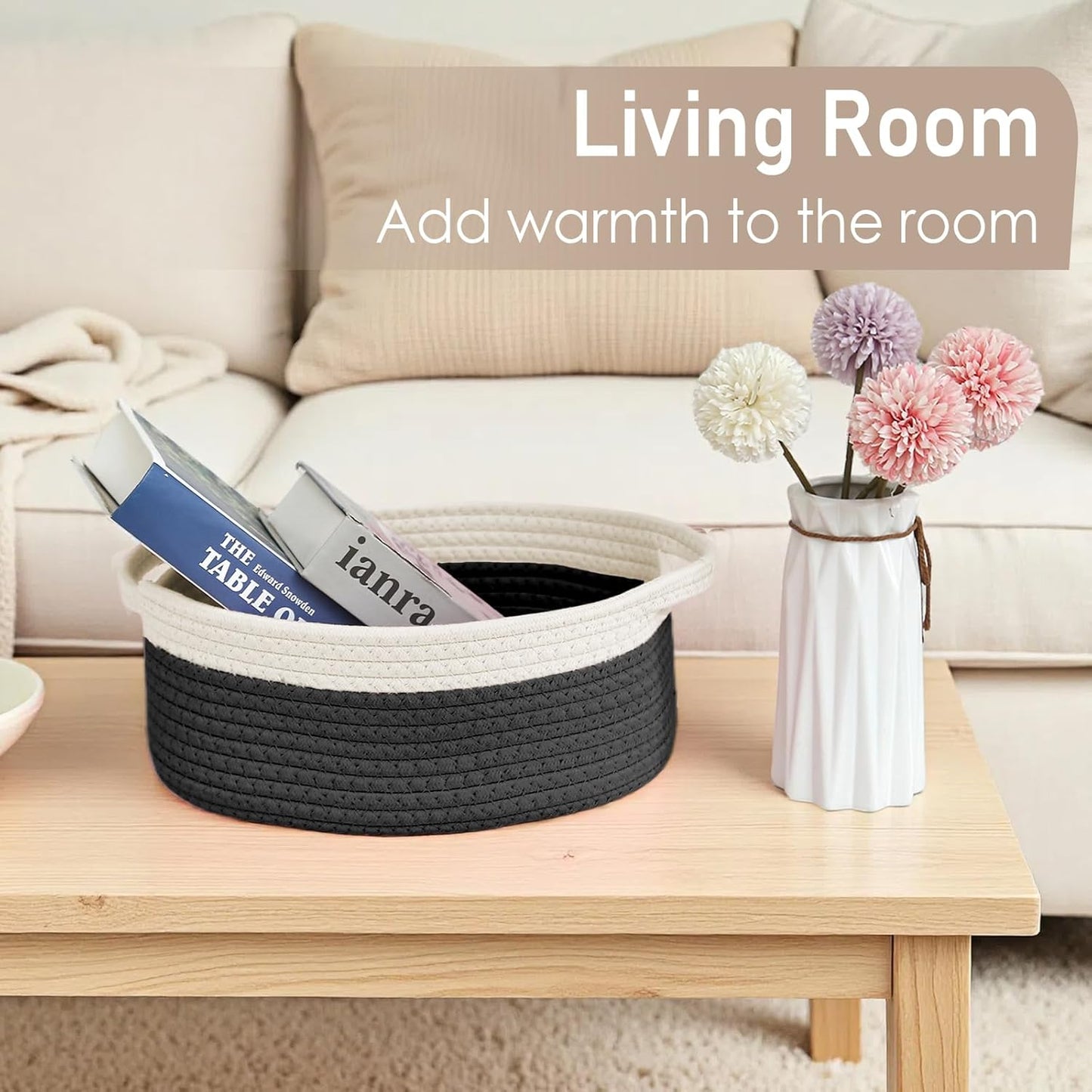 JMvicyroam Woven Basket,Small Rope Storage Bin with Handles & Ribbon Bag, Organizer for Shelves Closets,Gift Basket Empty for Birthday,Books,Dog Toys,White
