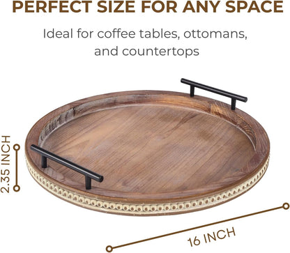 16 Inch Coffee Table Tray for Living Room, Beaded Round Wood Decorative Tray with Handles, Farmhouse Circle Trays for Kitchen Island Decor, Rustic Coffee Table Centerpiece Decor