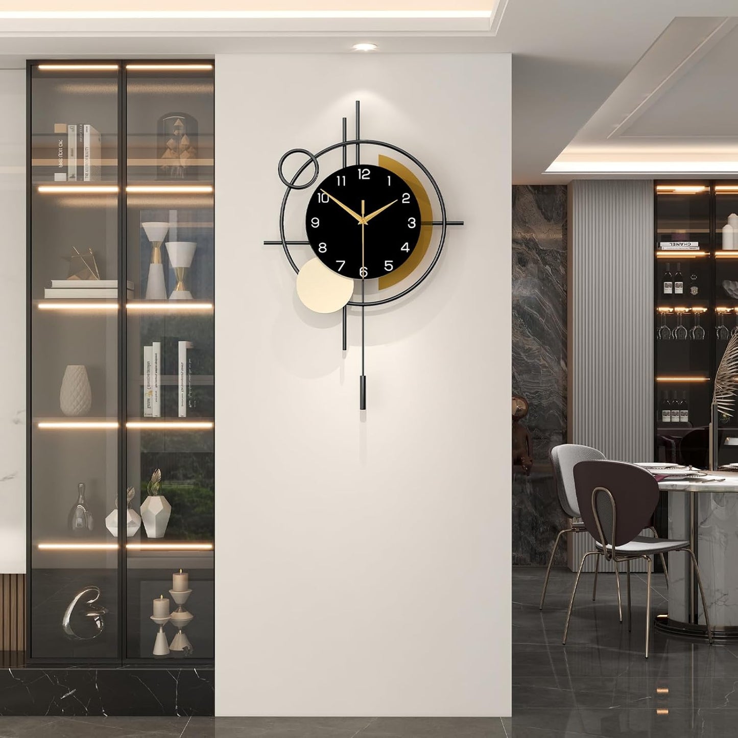 Wall Clock for Living Room Decor Decorative Wall Clock with Pendulum Silent Quartz Battery Operated Black Metal Large Clock for Dining Room,Kitchen,Home,Bathroom,Bedroom,13.8x21.3 in
