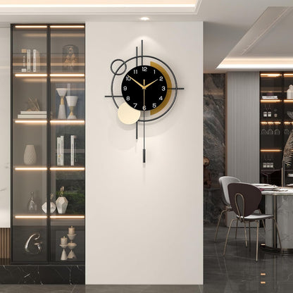 Wall Clock for Living Room Decor Decorative Wall Clock with Pendulum Silent Quartz Battery Operated Black Metal Large Clock for Dining Room,Kitchen,Home,Bathroom,Bedroom,13.8x21.3 in