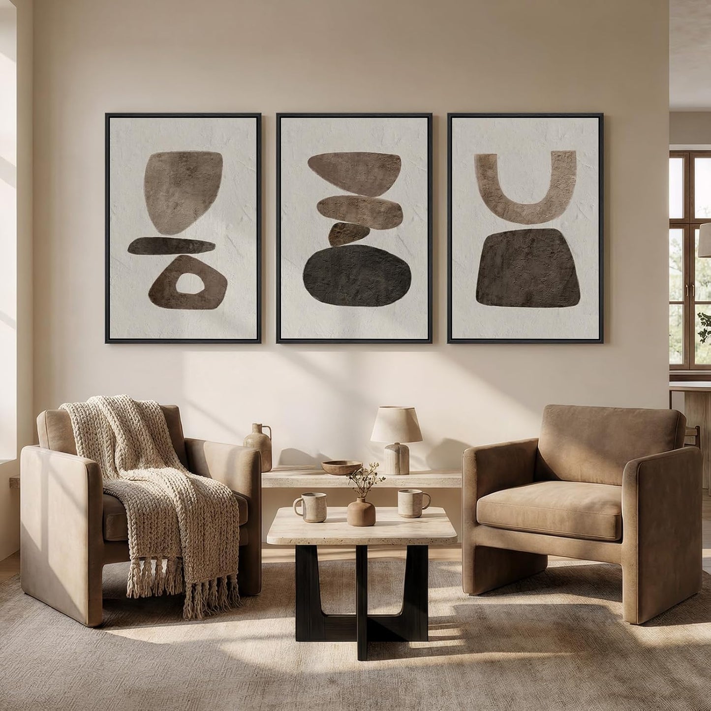 Large Framed Neutral Abstract Wall Art for Living Room, 3 Piece Modern Canvas Prints Paintings Artwork for Walls, Black and Beige Pictures for Living Room Hallway Stair Office Wall Decor 24x36 Inch