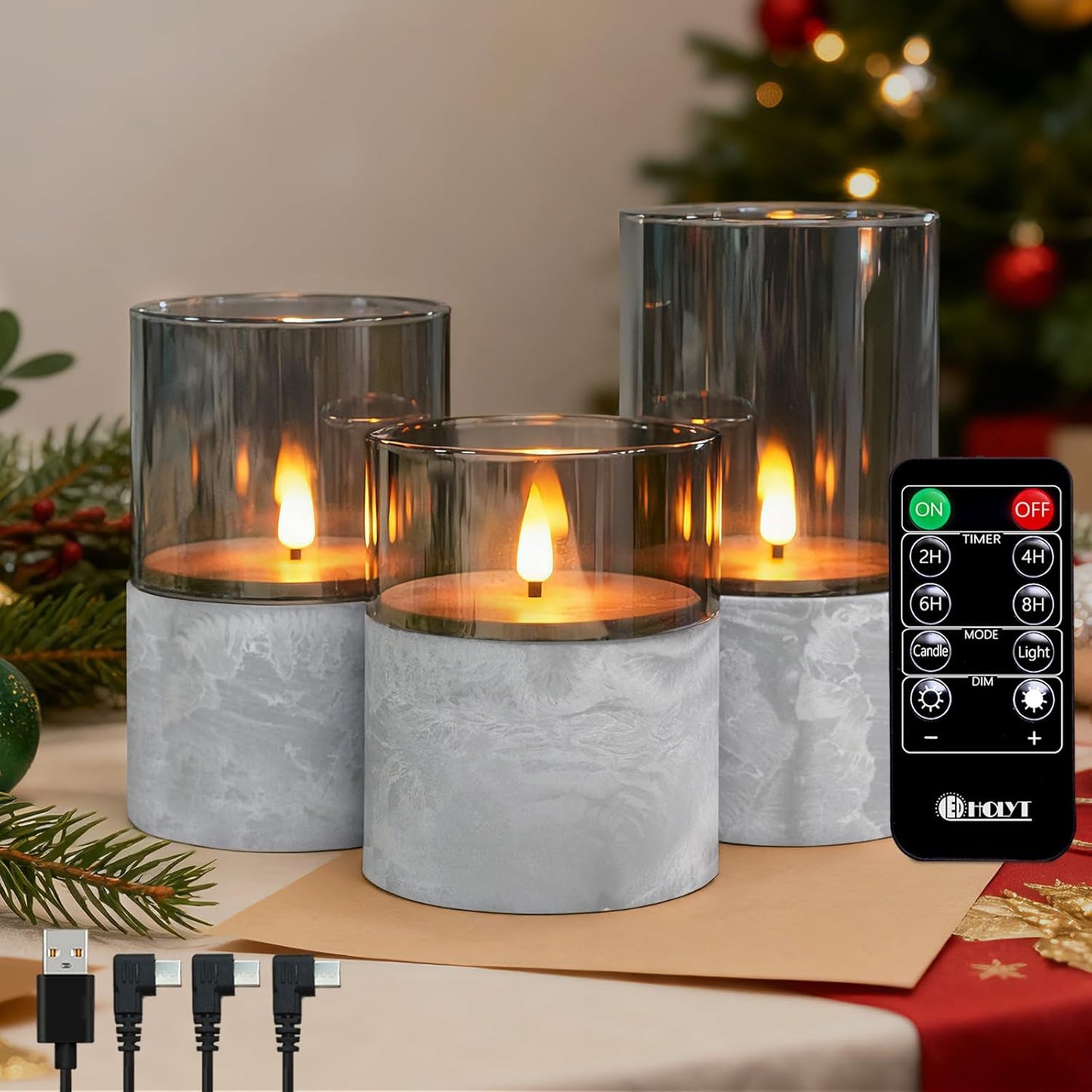Rechargeable Flameless Glass Pillar Candles–Gifts for Women,–Set of 3, Realistic Flickering LED Light,Remote & Timer, Ideal for Living Room, Bedroom & Festival Wedding Home Party Decor