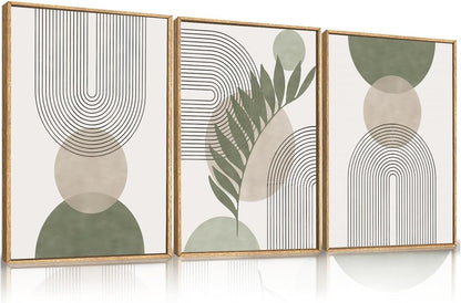 Sage Green Boho Wall Art Set of 3, Minimalist Framed Wall Art Geometric Line Leaf Sun Moon Beige Green Canvas Artwork Paintings, Abstract Botanical Boho Room Decor, Office, 12"x16"