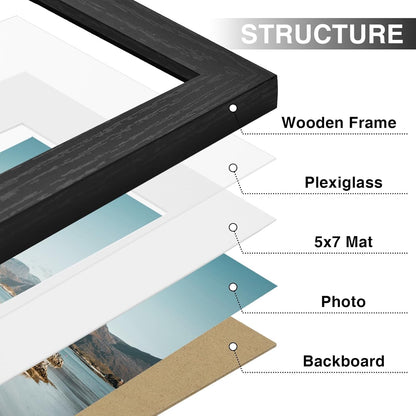 Vittanly 8x10 Picture Frames Set of 9, Shatter Resistant Plexiglass, Display 5x7 Pictures with Mat or 8x10 without Mat, Photo Frames for Wall or Tabletop, Engineered Wood, Black - Colors B
