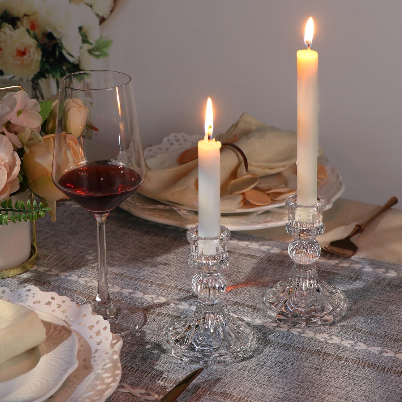 DARJEN Candlestick Holders Set,12Pcs 4" H Taper Candle Holders Bulk, Clear Glass Candle Holders for Wedding, Spring Party, Romantic Dinner, Festival & Windowsill Decor
