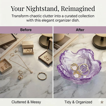 Purple Flower Jewelry Dish Glass Ring Holder Dish Jewelry Tray Cute Vanity Organizer Aesthetic Nightstand Bathroom Room Decor Trinket Dish Mothers Day Friendship Christmas Birthday Gifts for Women