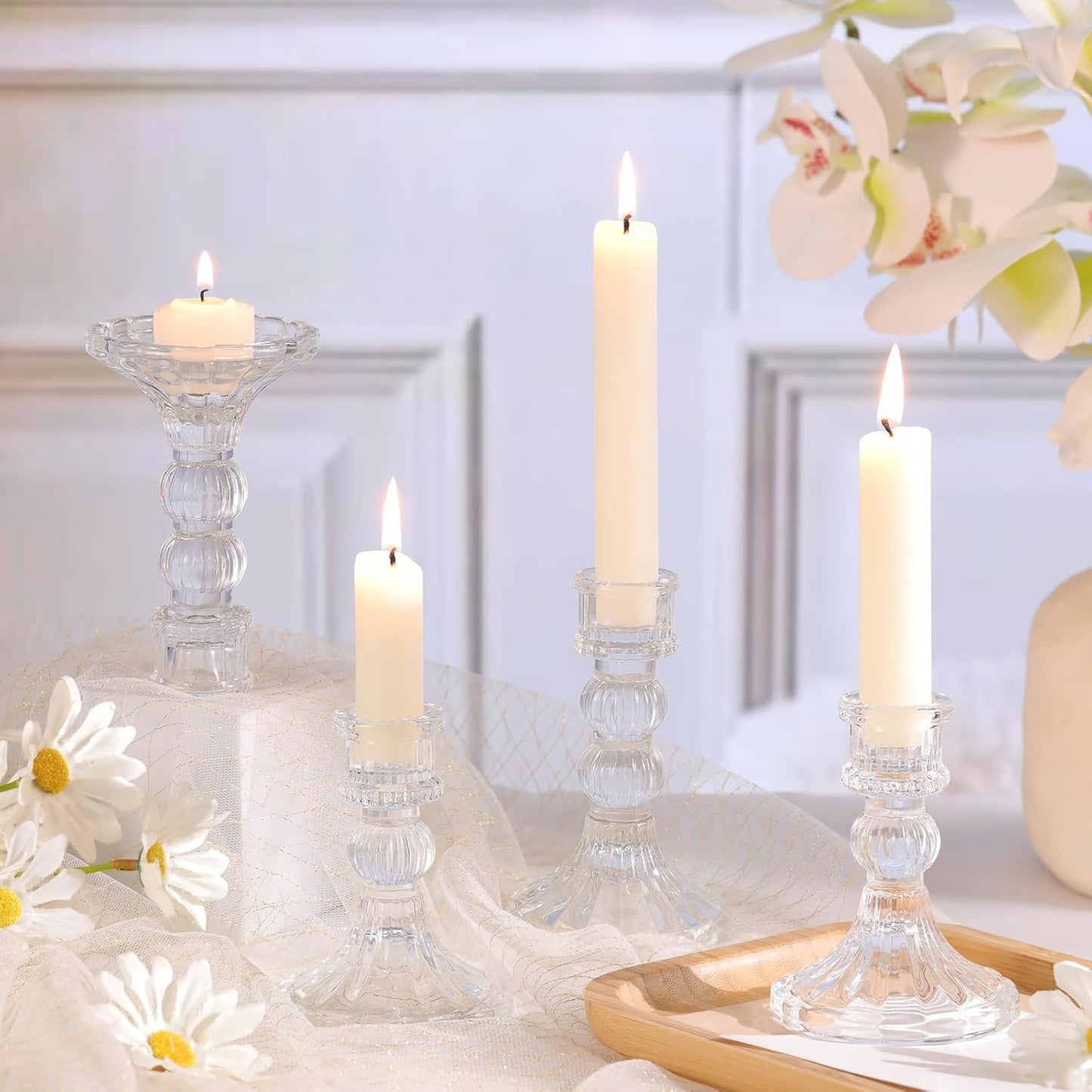 DARJEN 6Pcs Gold Candlestick Holders Set - 4" H & 5" H Striped Taper Candle Holders Bulk, Glass Candle Holders for Wedding, Festival, Party, Table Centerpiece, Gifts