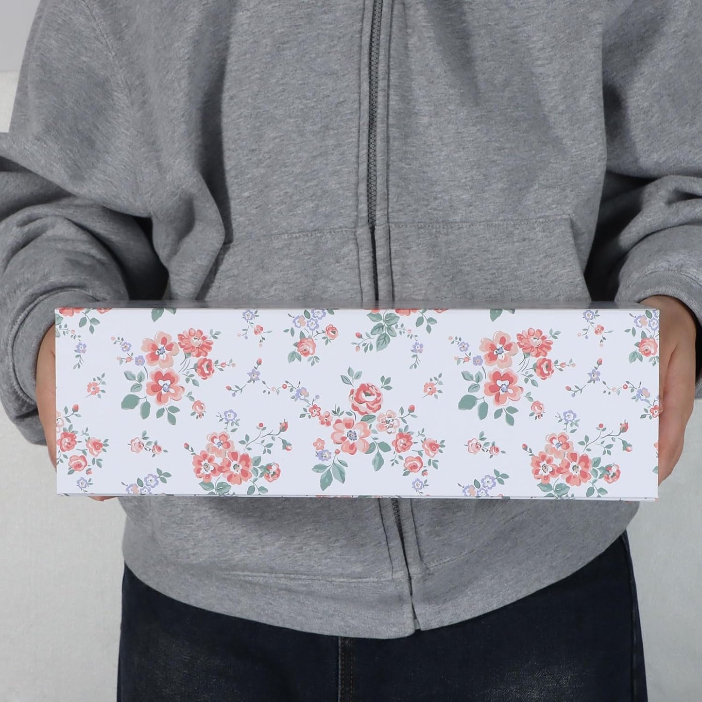 LFBOX Floral Gift Box with Magnetic Lids 13.8x8.3x4.4 in, Large Bridesmaid Proposal Boxes, Rectangle Wedding Decorative Storage Box 1 Pack