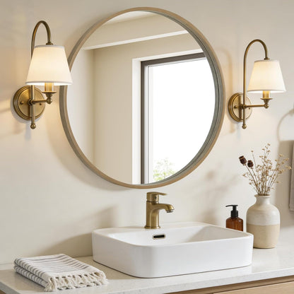 WallBeyond Wood Round Mirror with Wood Frame 24 inch Circle Wall Mirror for Bathroom Round Wall Mirror for Wall Decor, Vanity, Entryway Living Room (Walnut)