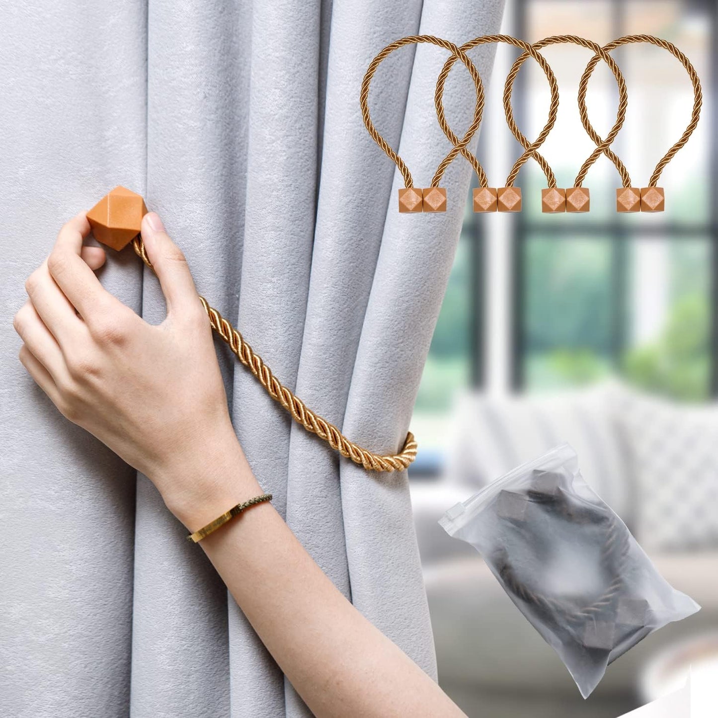 NazTur Magnetic Curtain Tiebacks- Upgrade 2022 with a Thicker Twist Rope & Strong Magnet Tieback Window Treatment Holdbacks Draperies Holders Decorative Drape Handmade Tie Back (Black, 2)