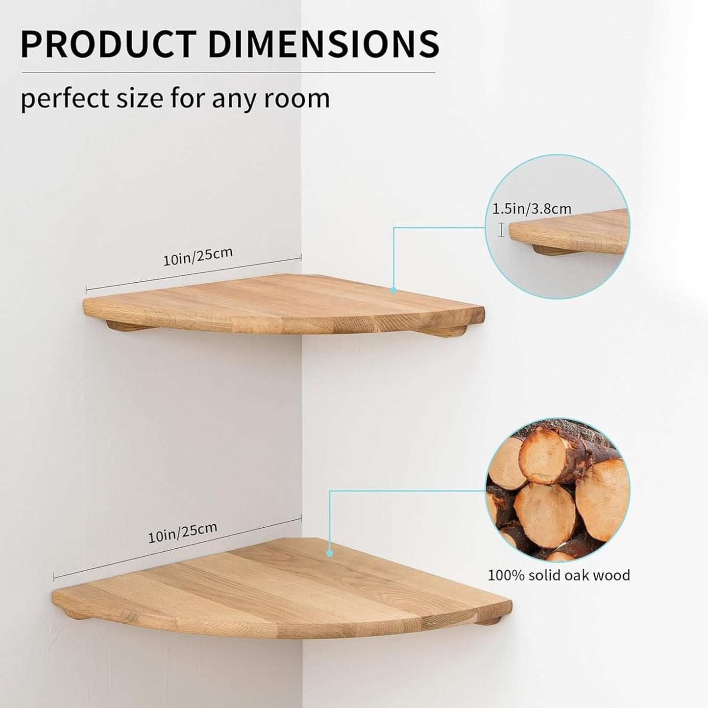 Corner Shelves, Floating Corner Shelf, Set of 2 7inch Solid Oak Wood Wall Shelves, Round End Wall Mount with Wire Hole Shelving for Small Plant for Bedroom Kitchen, Living Room