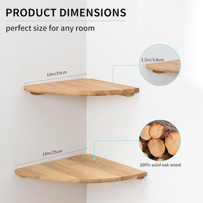 Corner Shelves, Floating Corner Shelf, Set of 2 7inch Solid Oak Wood Wall Shelves, Round End Wall Mount with Wire Hole Shelving for Small Plant for Bedroom Kitchen, Living Room