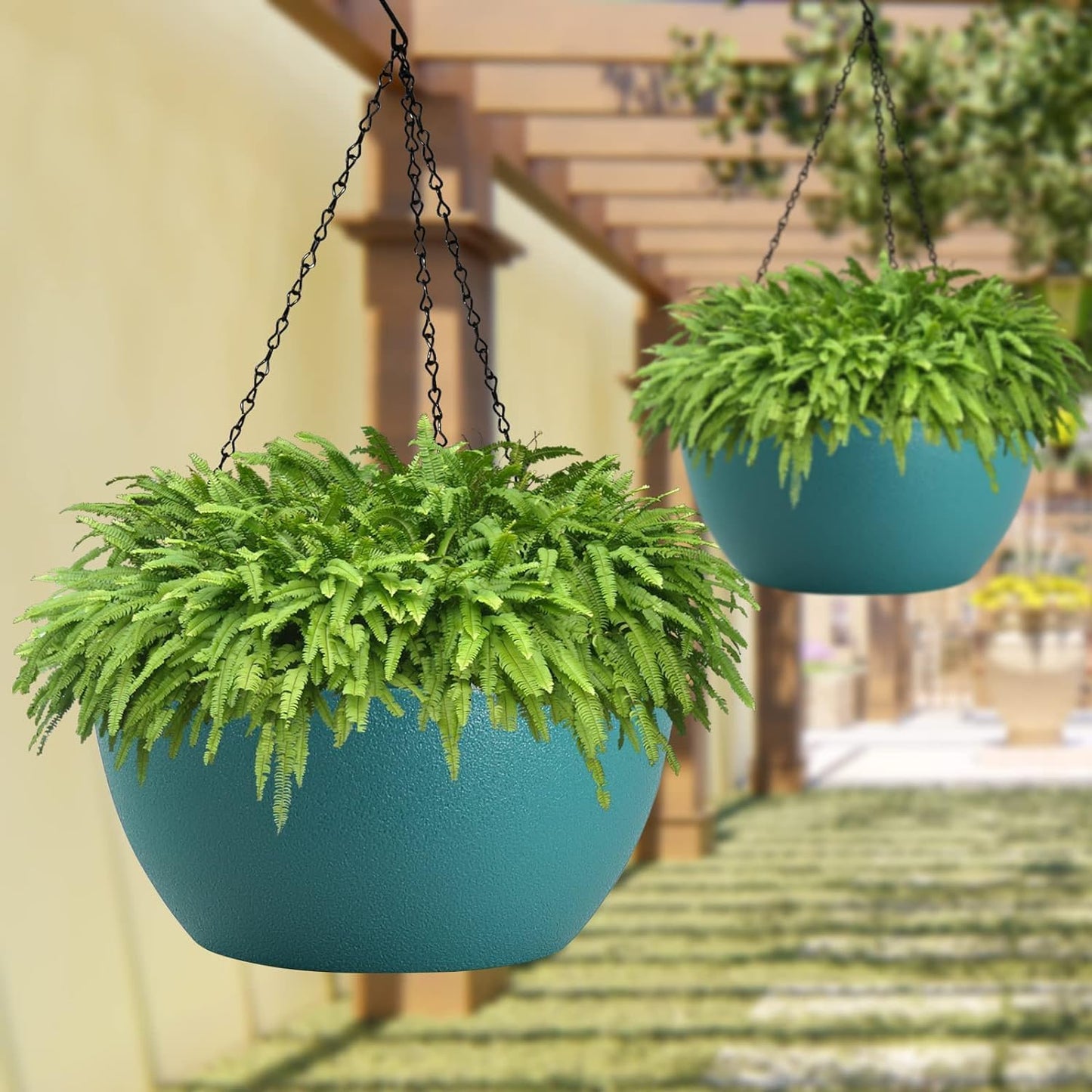 WSMKSZ 10 inch Hanging Planters for Outdoor Indoor Plants with Drainage Holes and Chain, 2 Pack Round Hanging Flower Pots for Garden Home Porch Decor, Black