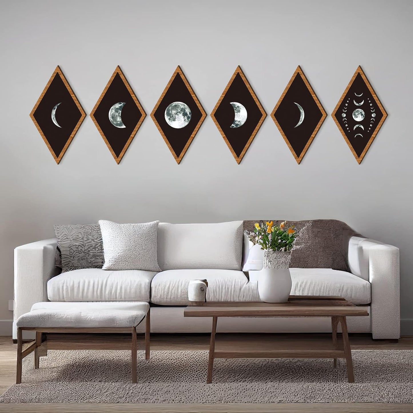 Sintuff 6 Pieces Gothic Wall Decor Boho Sun Moon Phases Wall Art Gothic Minimalist Stars Sun Hanging Wooden Home Decor Farmhouse Pediments for Gallery Living Bedroom Room(Mushroom)