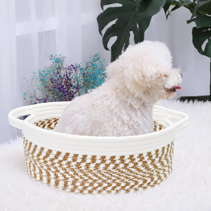 ABenkle Small Basket with Handles, Boho Decorative Rope Woven Dog Cat Toy Storage Bin Shelf Storage Organizer, Easter Christmas Gift Basket, 12"x8"x5", White