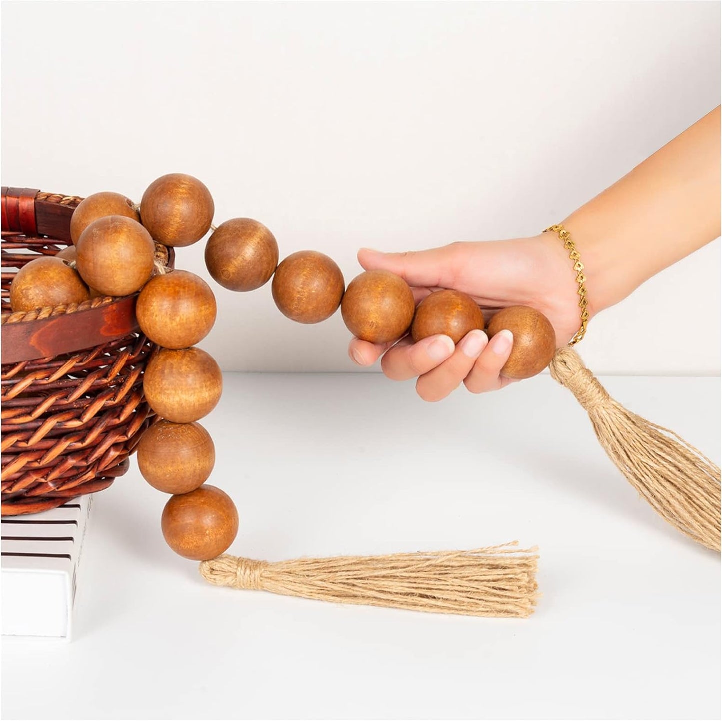 OMISHE Extra Large Wood Bead Garland with 1.6" Diameter Wooden Beads and Tassels, 41" Long Rustic Farmhouse Country Decorative Beads for Home Tiered Tray Decor, Natural Beige