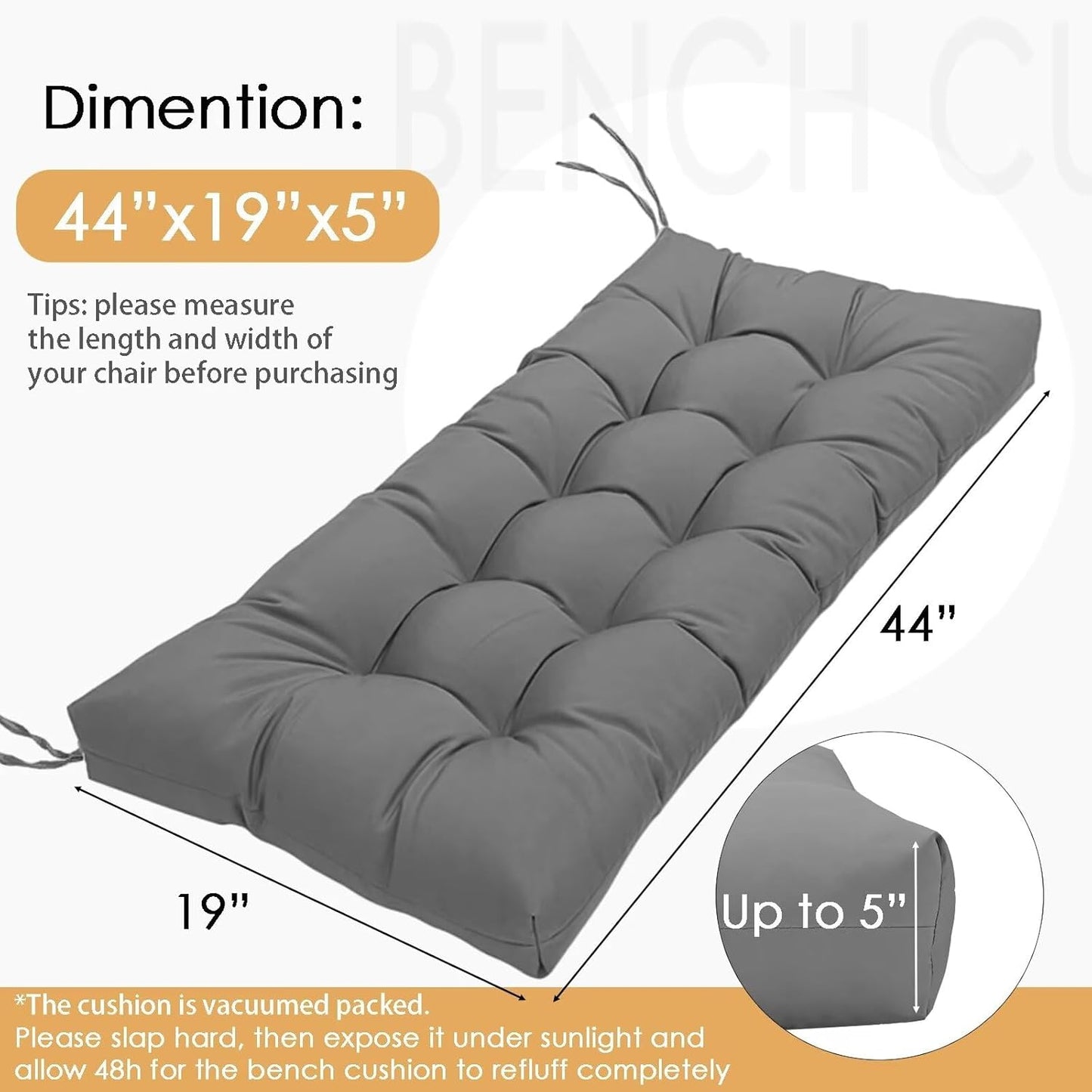 MTMR Outdoor Bench Cushion-44X19 Water-Repellent Tufted Porch Swing Cushions with High Elasticity PP Cotton and Ties Fade-Resistant Patio Outdoor Chair Cushion for Bench Furniture, Indoor Seat Cushion