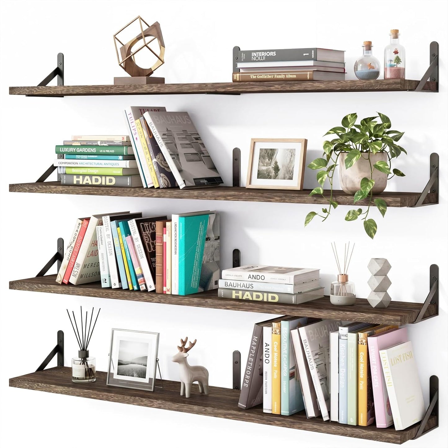 YGEOMER Floating Shelves for Wall, Different Sizes Dark Carbonized Brown Wall Shelves for Living Room, Bathroom, Bedroom, Kitchen, Home Decor (Set of 4)