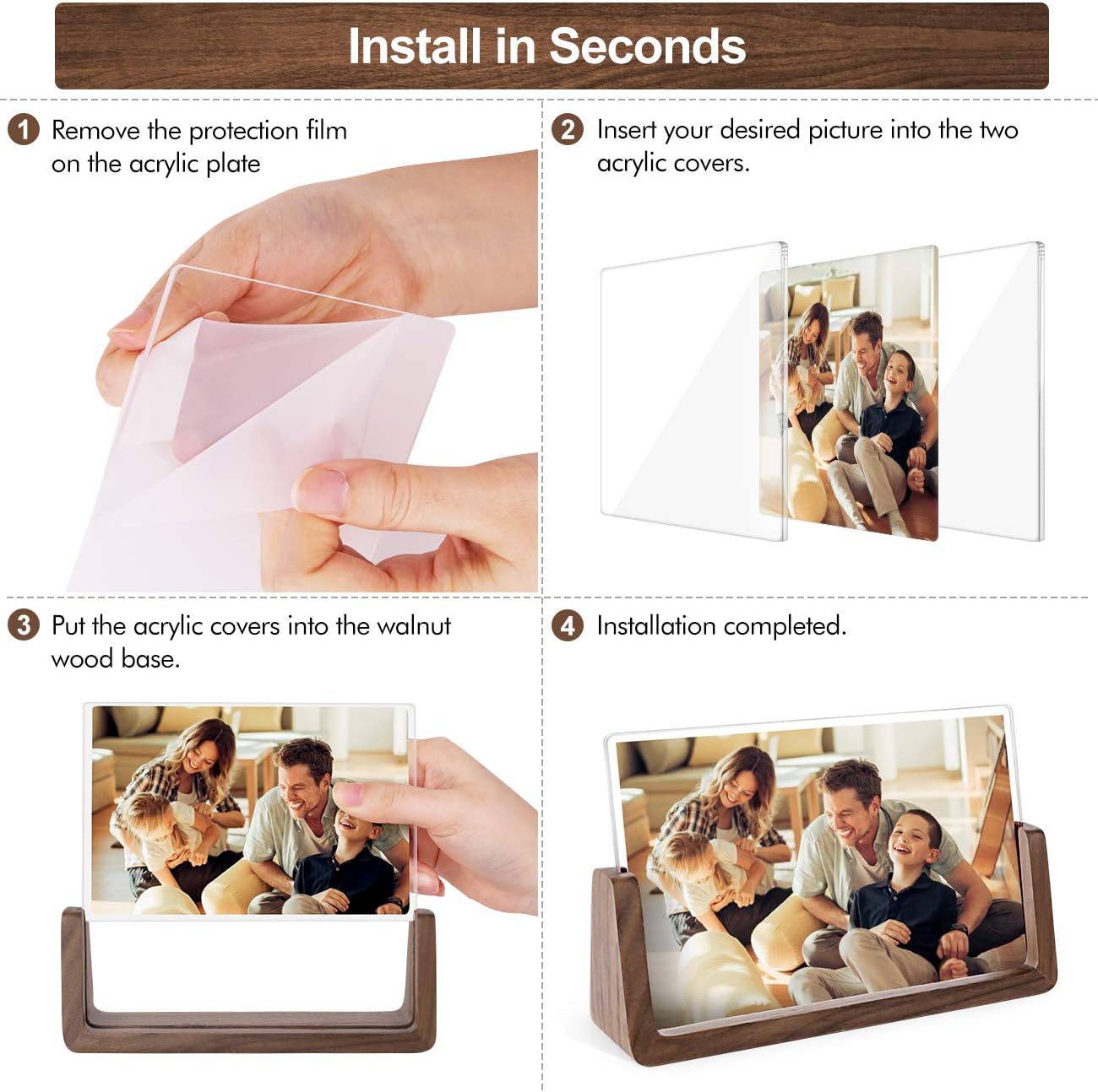 Mixoo 4x6 Picture Frame 2 Pack - Rustic Wooden Picture Frames with Walnut Wood Base and High Definition Break Free Acrylic Photo Covers for Desk Tabletop Display Graduation Gifts Teacher Appreciation Gifts (Horizontal + Vertical)