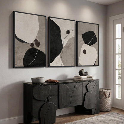 Large Framed Neutral Abstract Wall Art for Living Room, 3 Piece Modern Canvas Prints Paintings Artwork for Walls, Black and Beige Pictures for Living Room Hallway Stair Office Wall Decor 24x36 Inch