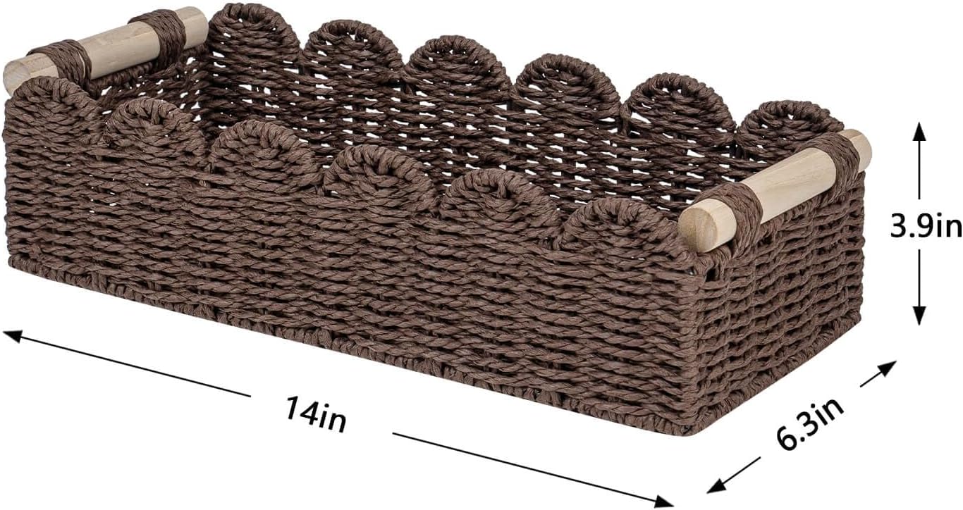 CubesLand Paper Rope Scalloped Edge Toilet Paper Storage Basket, Small Living Room, Bedroom Decor Baskets for Over Toilet Storage Shelf, End Table, Shelves and More, with 2 Wooden Handle, Neutral