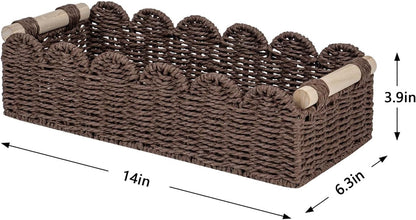 CubesLand Paper Rope Scalloped Edge Toilet Paper Storage Basket, Small Living Room, Bedroom Decor Baskets for Over Toilet Storage Shelf, End Table, Shelves and More, with 2 Wooden Handle, Neutral
