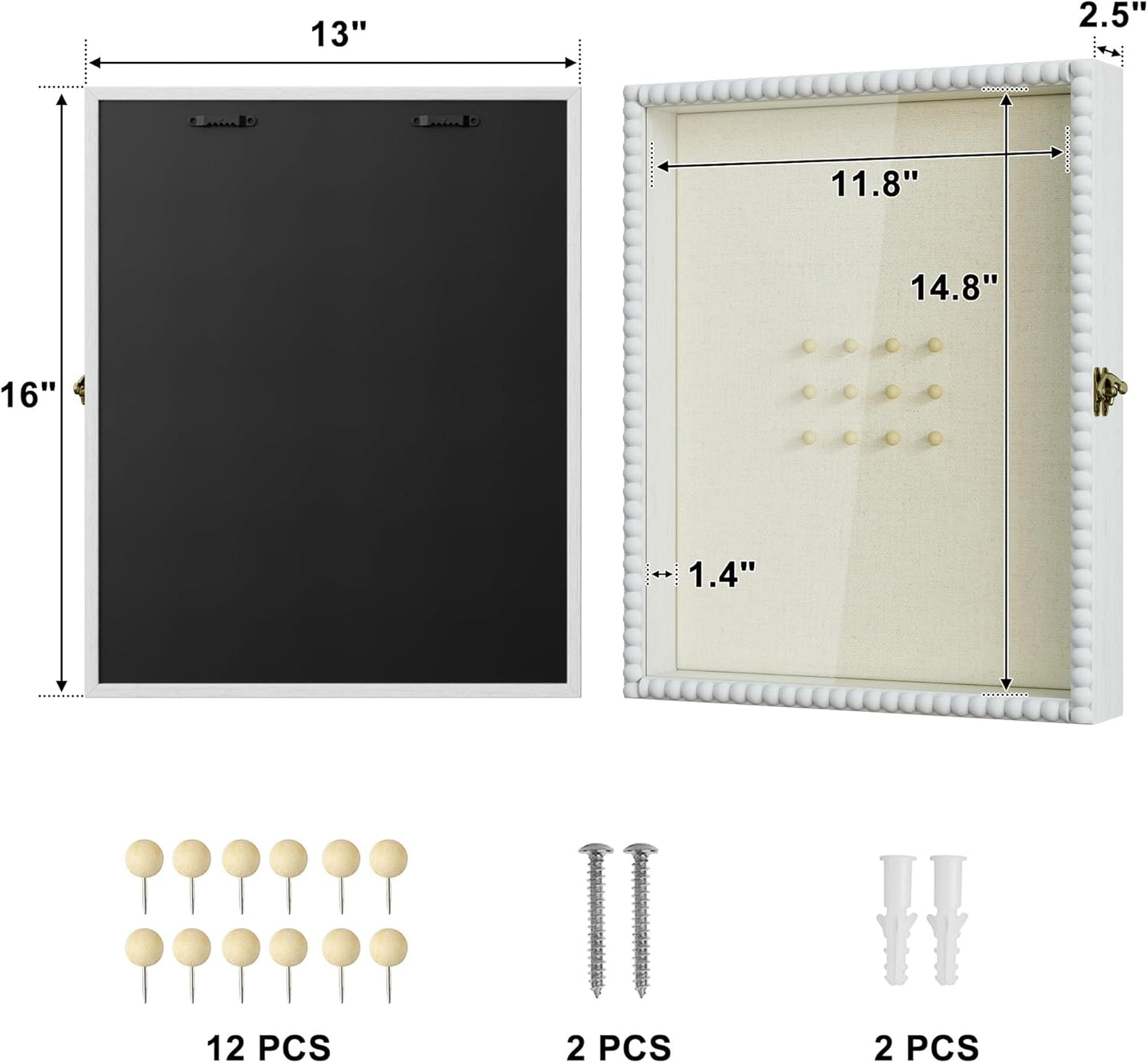 Love-KANKEI Shadow Box Frame 11x14, Deep Large Shadow Box Display Case with Unique Beads Door and Glass Window, Wood Memory Box for Pictures,Medals,Memorabilia,Collections White