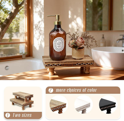 Wood Tray Pedestal Stand, Waterproof Bathroom Counter Organizer, Modern Farmhouse Riser for Soap/Candle/Sponge White Small