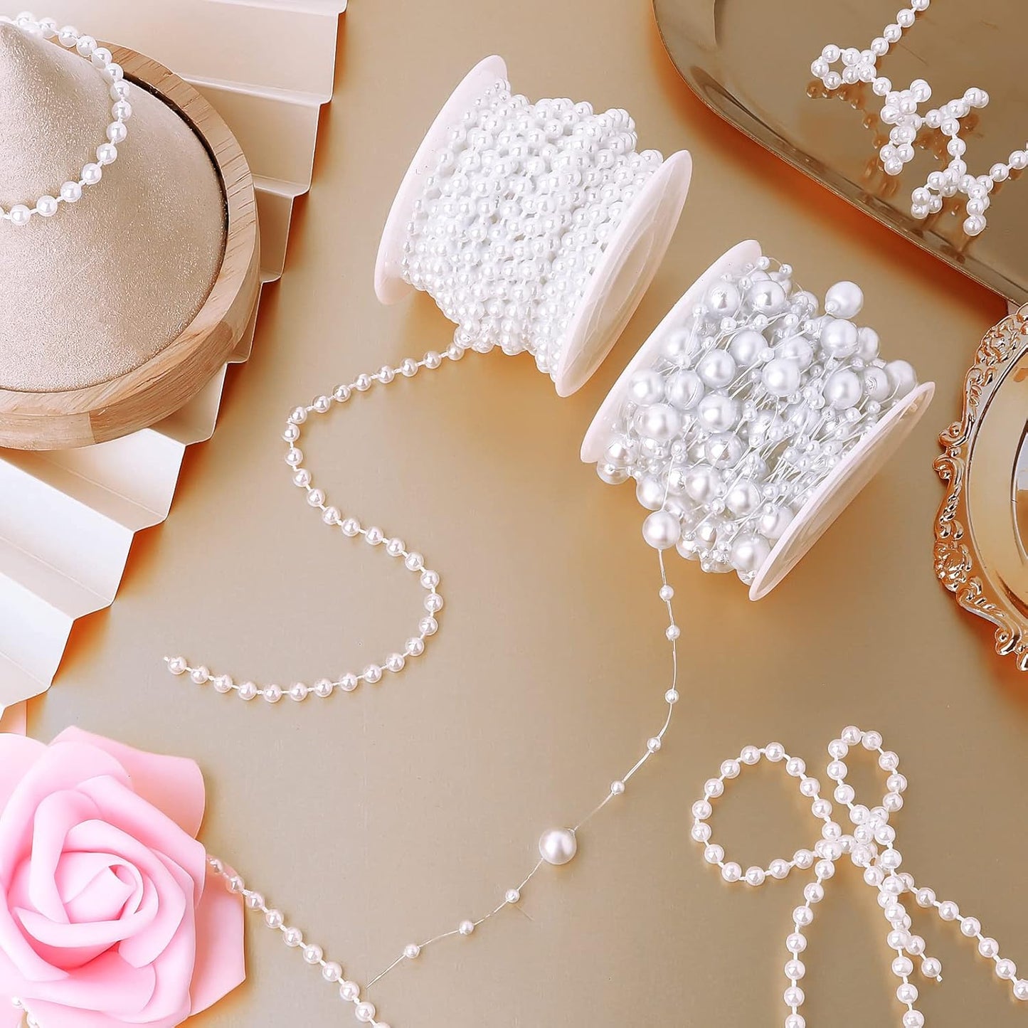 Bonuci 3 Rolls 66 Feet Pearls String Garland Faux Pearl Garland Spool Roll Strand Decoration Artificial Beads Chain Trim for Wedding Party Crafting Wedding Mother's Day Flower Decor(Ivory,4mm)