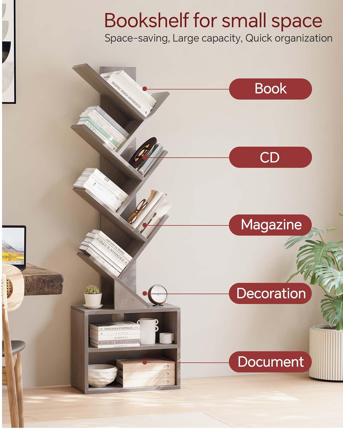 SUNMORY 6 Tier Tree Bookshelf, Small Bookcase with Storage Cabinet, Modern Tall Narrow Bookshelves Organizer, Floor Standing Book Shelf for Bedroom/Living Room/Home Office/Corner, Rustic Brown