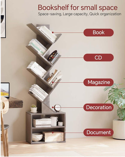 SUNMORY 6 Tier Tree Bookshelf, Small Bookcase with Storage Cabinet, Modern Tall Narrow Bookshelves Organizer, Floor Standing Book Shelf for Bedroom/Living Room/Home Office/Corner, Rustic Brown