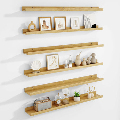 Acovy Picture Ledge Shelf Set of 6, 48 inch Long Large Floating Shelves for Wall with Lip, Wall Mounted Shelves for Living Room, Bedroom, Bathroom, Kitchen, Nursery,Oak