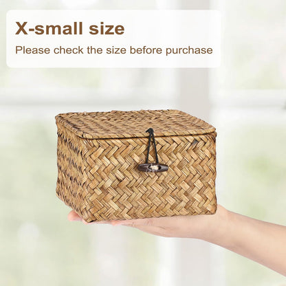 Hipiwe Seagrass Basket with Lid Wicker Storage Basket Square Handwoven Decorative Baskets Box for Shelf Multipurpose Household Baskets Home Decor,X-small
