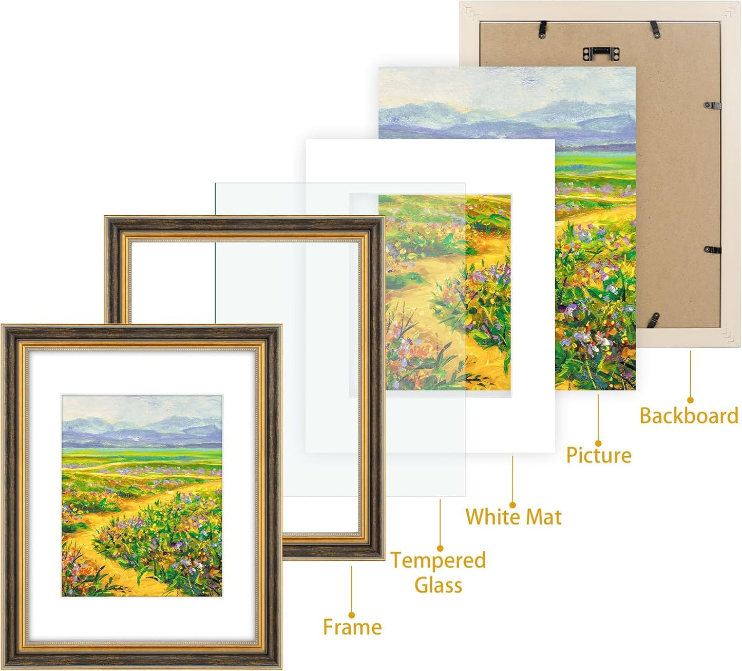 Golden State Art,11x14 Ornate Picture Frame for 8x10 Photo with Mat or 11 x 14 Prints without Mat,Real Glass Wall Display(Color:Green Gold)