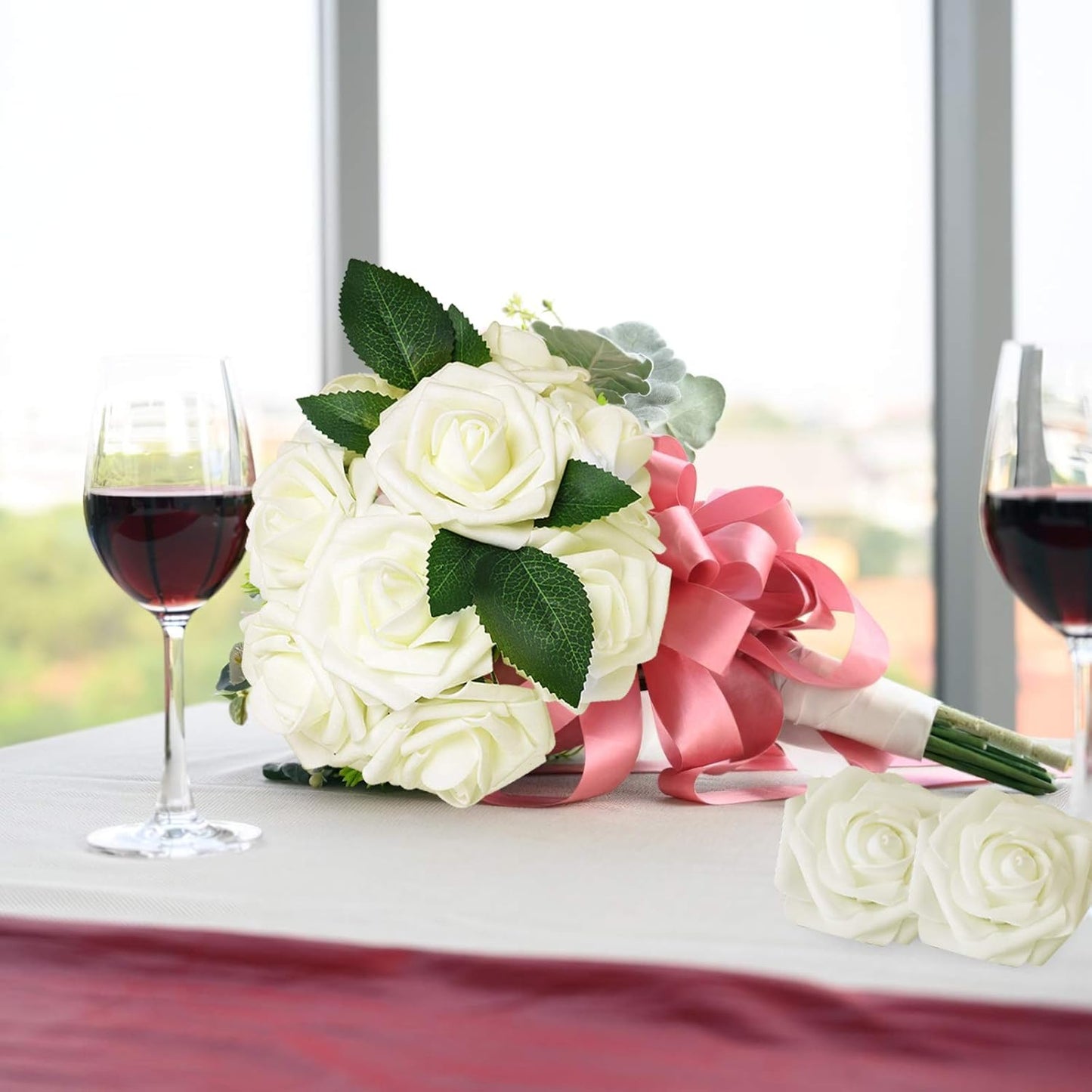 AmyHomie Artificial Flowers Dark Red Rose 25pcs Real Looking Fake Roses w/Stem for DIY Wedding Bouquets Centerpieces Arrangements Party Baby Shower Mothers Day Christmas Tree Decorations