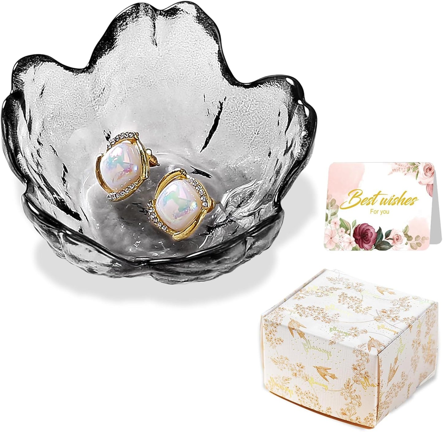 Purple Flower Jewelry Dish Glass Ring Holder Dish Jewelry Tray Cute Vanity Organizer Aesthetic Nightstand Bathroom Room Decor Trinket Dish Mothers Day Friendship Christmas Birthday Gifts for Women