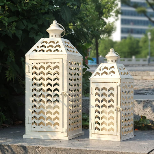 LED Lanterns Decorative Outdoor&Indoor, Set of 2 (17’’&11’’) Large Black Metal Lantern Decor with bronze brush, Candle Holder for Porch, Patio, Garden, Balcony, Wedding Decorations (No Glass)