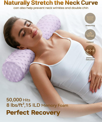 Memory Foam 4" Round Pillow, Cervical Neck Pillow for Pain Relief, Cylinder Pillows 18"x 4", Removable Cover, Neck Roll Pillow for Sleeping, Velvet Dots, Pink