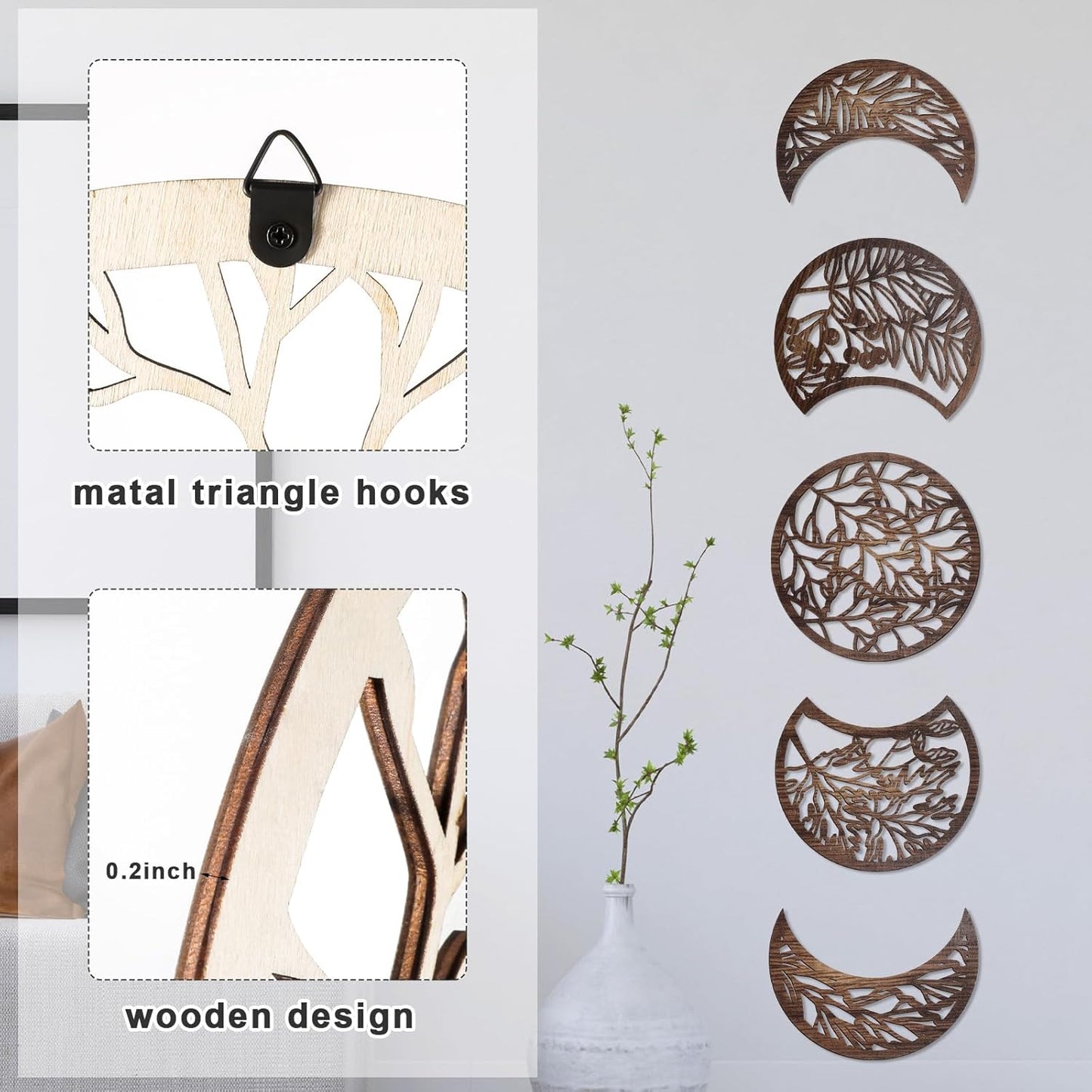Jetec 5 Pcs Moon Phase Wall Art Decor Wall Pediments Hanging Wooden Phase Spiritual Bedroom Nordic Boho Lunar Aesthetic Art for Living Room Dorm Apartment Ornament(Brown,10.6 Inch,Botanical)