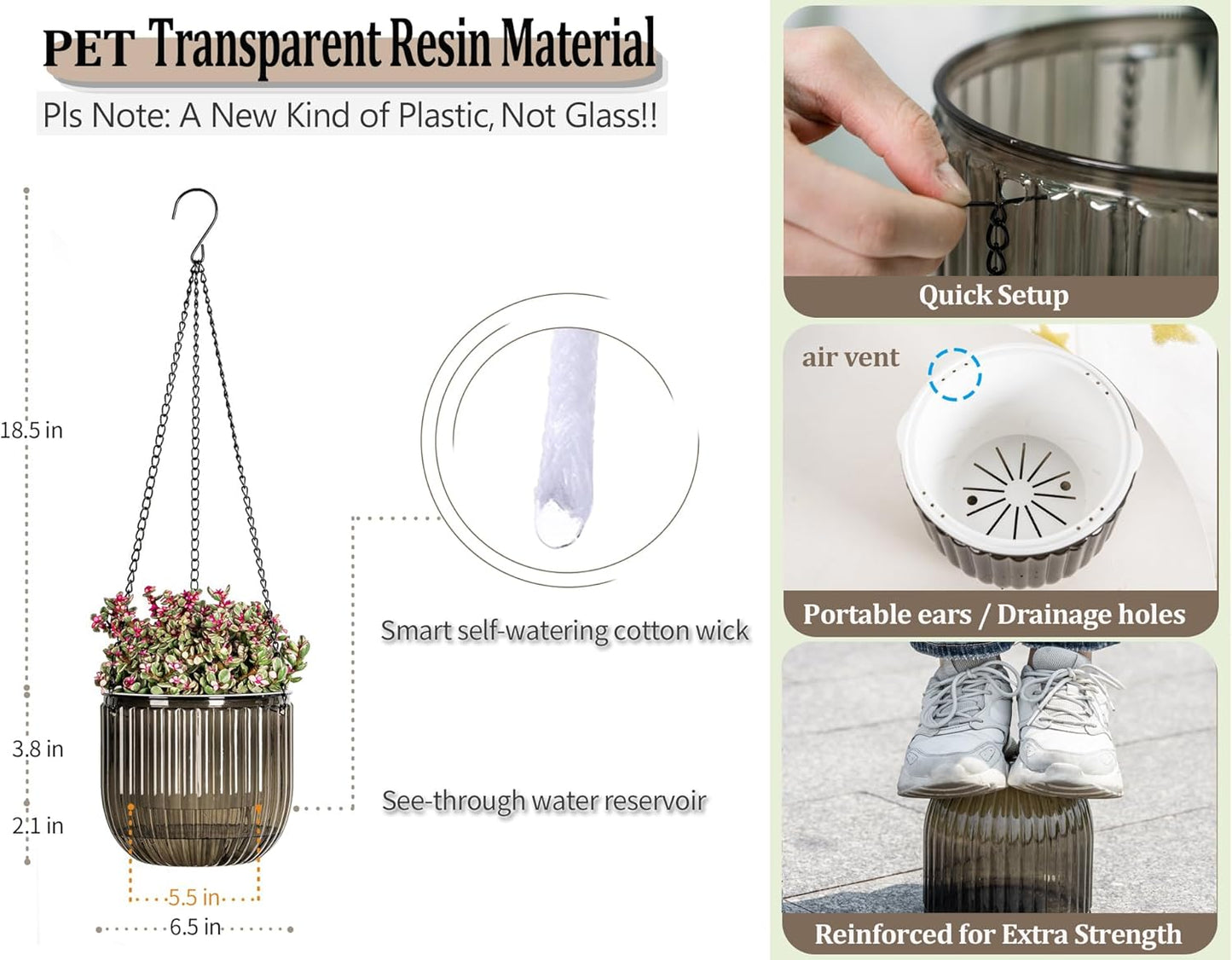 Melphoe 2 Pack Self Watering Hanging Planters Indoor Flower Pots, 6.5 Inch Outdoor Hanging Basket, Plant Hanger with 3Hooks Drainage Holes for Garden Home (Emerald)