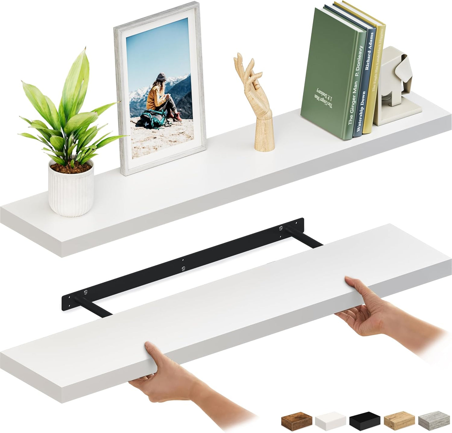 Ballucci Floating Shelves for Wall, 48" Wood Wall Shelf Set of 2, with Invisible Brackets for Bathroom, Living Room, Bedroom, Kitchen, Nursery, 8" Deep, Black