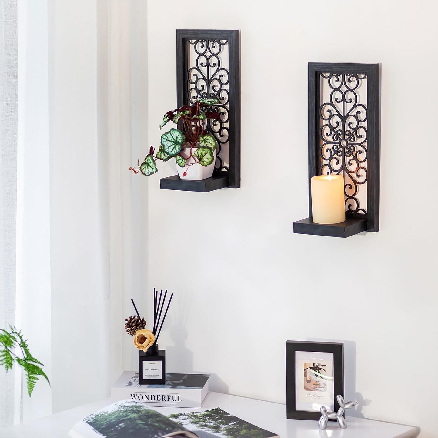 Farmhouse Wall Candle Holder Decor: Rustic Candle Sconces Set of Two for Pillar Candles - Brown Wooden Shelving for Fireplace Bathroom Hallway