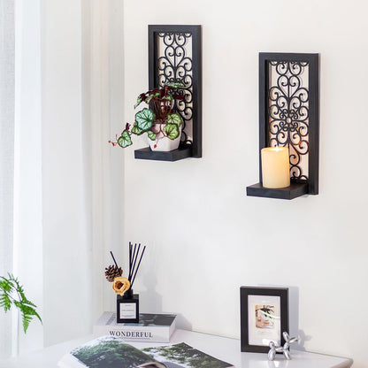 Farmhouse Wall Candle Holder Decor: Rustic Candle Sconces Set of Two for Pillar Candles - Brown Wooden Shelving for Fireplace Bathroom Hallway