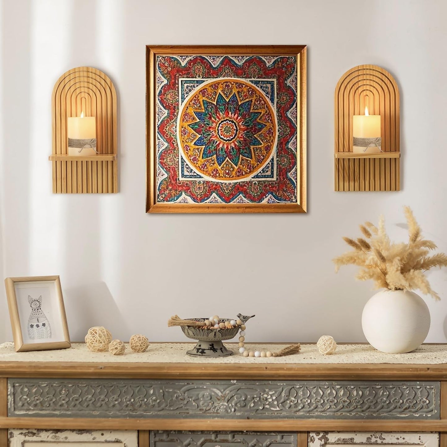 Mid Century Modern Candle Sconces: Set of 2 Walnut Boho Wall Candle Holder Decor for Living Room Fireplace - Arch Candle Shelf for Plants Pillars Candles