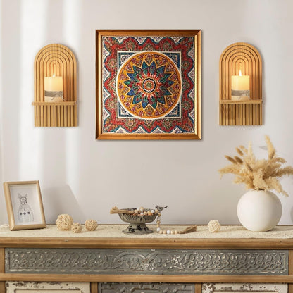 Mid Century Modern Candle Sconces: Set of 2 Walnut Boho Wall Candle Holder Decor for Living Room Fireplace - Arch Candle Shelf for Plants Pillars Candles