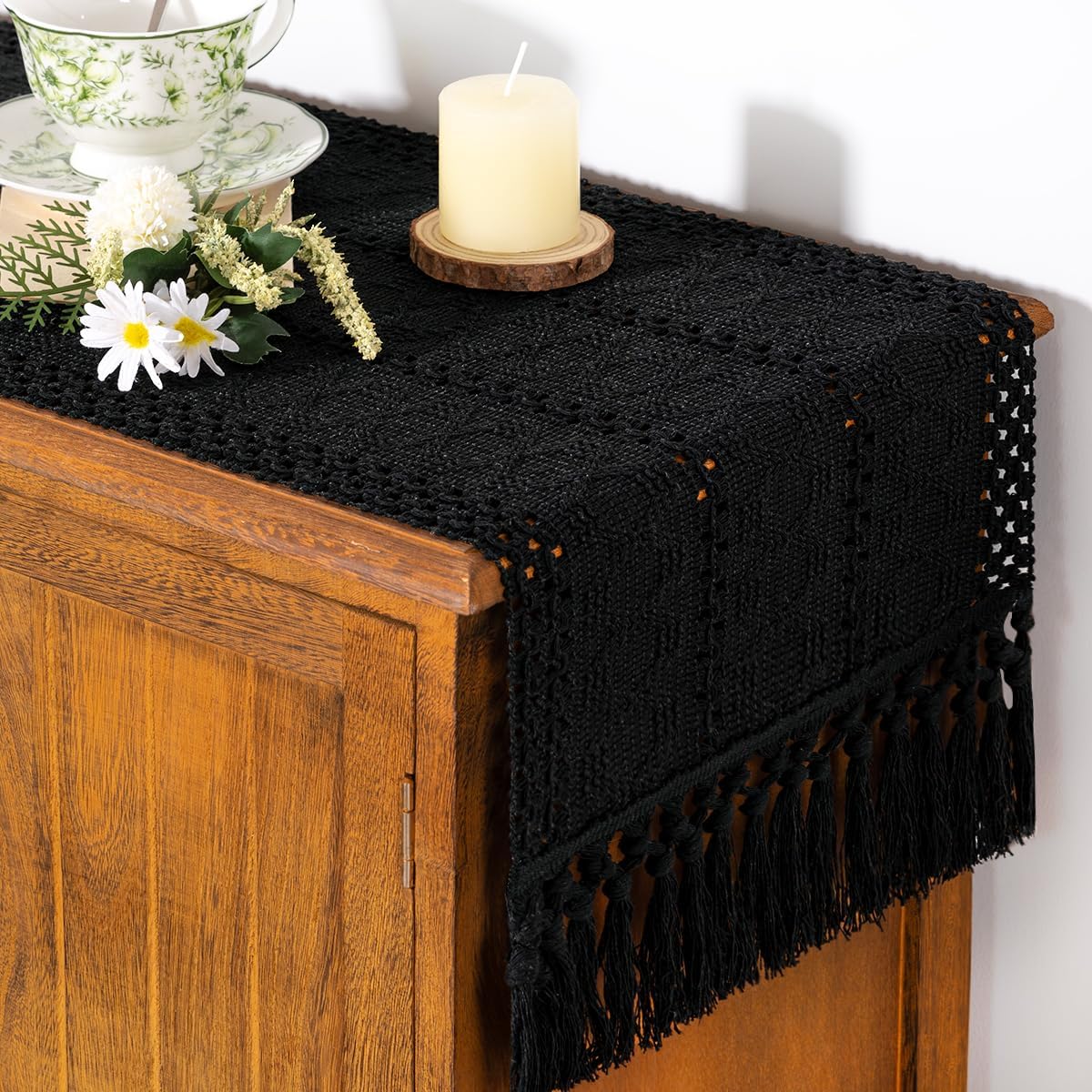 Socomi Boho Table Runner Summer Farmhouse Rustic Dining Kitchen Centerpiece Decor Small Macrame Woven Cotton Linen Coffee Table Runner for Dresser Scarf Home Decor 12x36 inch Beige