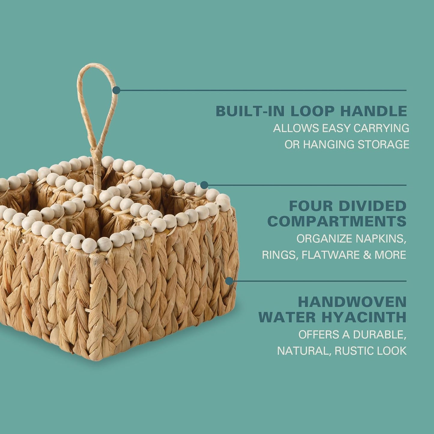 Gibson Home Riverrun Grove 17" Woven Decorative Serving Tray – Large Natural Water Hyacinth Basket w/Wood-Bead Trim & Handles for Coffee Table Décor, Ottomans, Centerpieces & Kitchen Counter Display
