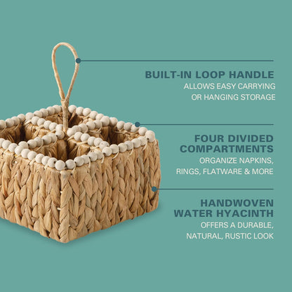 Gibson Home Riverrun Grove 17" Woven Decorative Serving Tray – Large Natural Water Hyacinth Basket w/Wood-Bead Trim & Handles for Coffee Table Décor, Ottomans, Centerpieces & Kitchen Counter Display