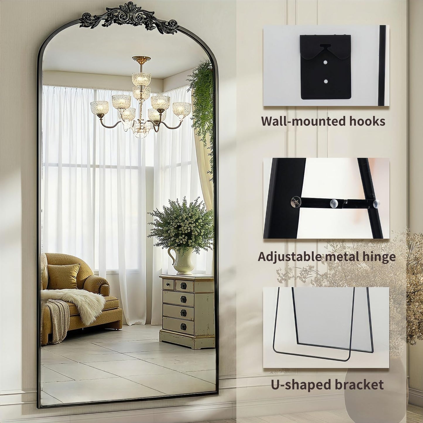Dewfig Arched Full Length Mirror, 76"x34" Large Floor Mirror, Full Body Mirrors for Leaning or Hanging, Standing Mirrors for Bedroom, Living Room,Dressing Room, Aluminum Alloy Frame, Black